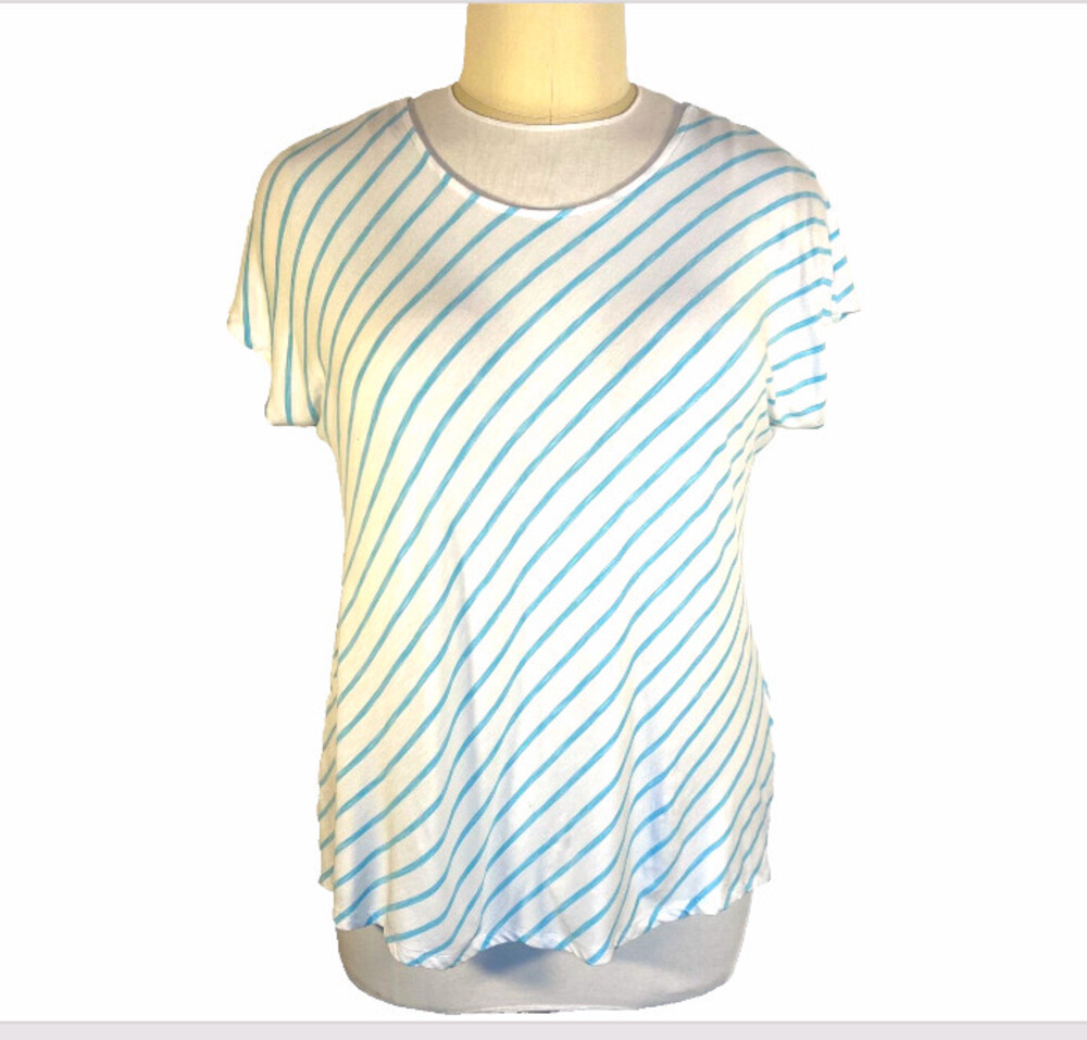 Chico's - Women's XL Knit Top Baby Blue White V Striped V-Neck Short Sleeve